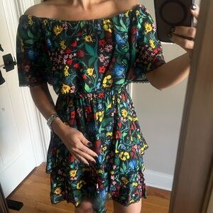 Alice + Olivia Multicolor Floral Tiered Mini Dress with lace trim